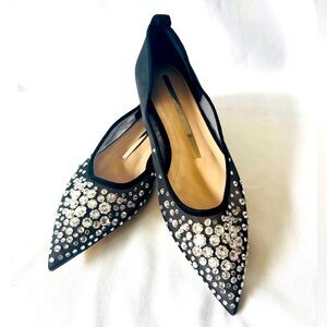 NEW Staccato Black Mesh Rhinestone Embellished Ballet Flat Pointed Shoes 4‎